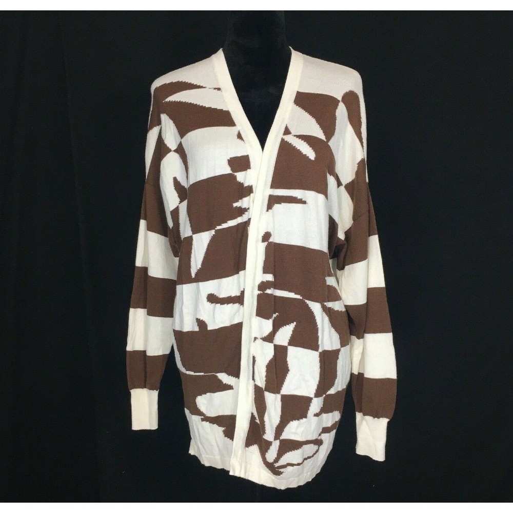 GISPA Italy Cardigan Sweater 14 XL Brown Off White Stripe Slouchy Open Front